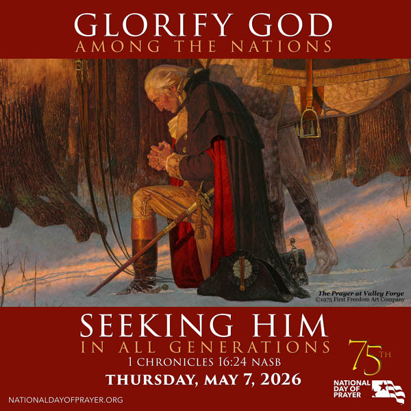 George Washington praying at Valley Forge, representing the National Day of Prayer